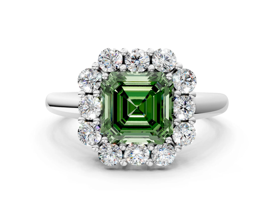 White gold Fancy Green Asscher  Halo Milgrain Solitaire with Bezel Set Side Stones and Pave Band_31