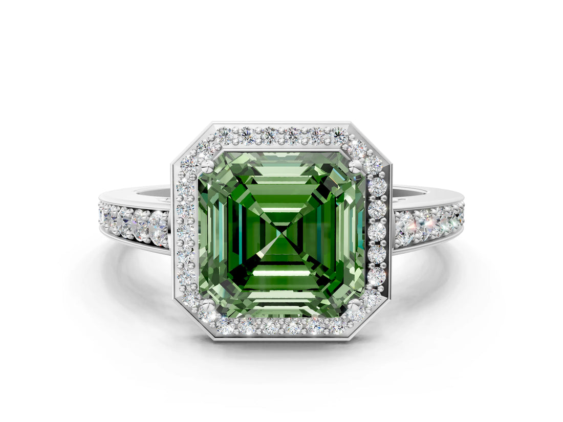 White gold Fancy Green Asscher  Halo Pavé Diamond Engagement Ring with Bezel Setting_29