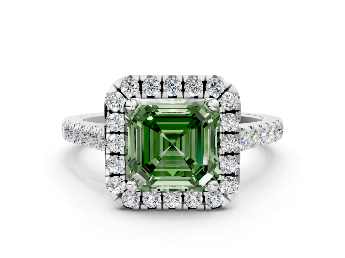 White gold Fancy Green Asscher  Halo Pavé Diamond Engagement Ring with Four-Prong Setting_3