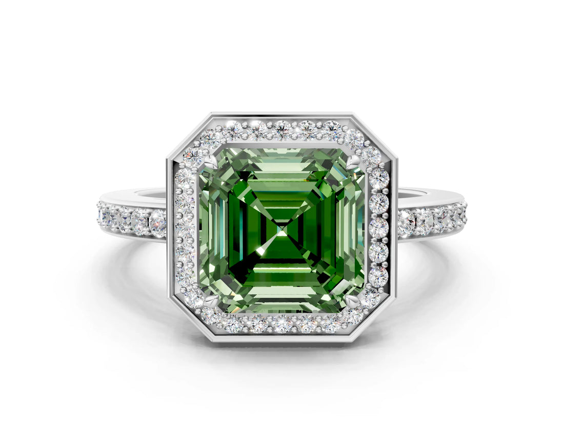 White gold Fancy Green Asscher  Halo Pave Band Solitaire Ring with Prong Setting_45