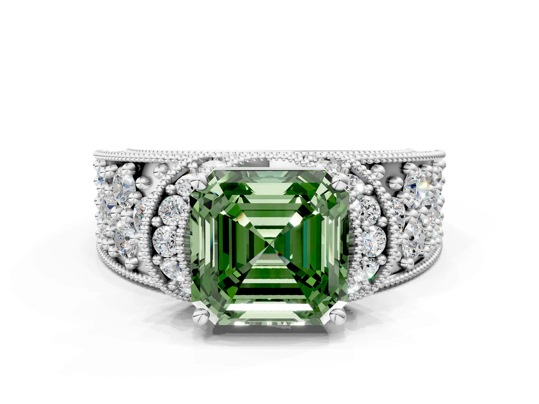 White gold Fancy Green Asscher  Halo Pave Diamond Engagement Ring with Milgrain Detailing_69
