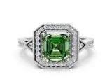 White gold Fancy Green Asscher  Halo Round Diamond Milgrain Pave Engagement Ring_3
