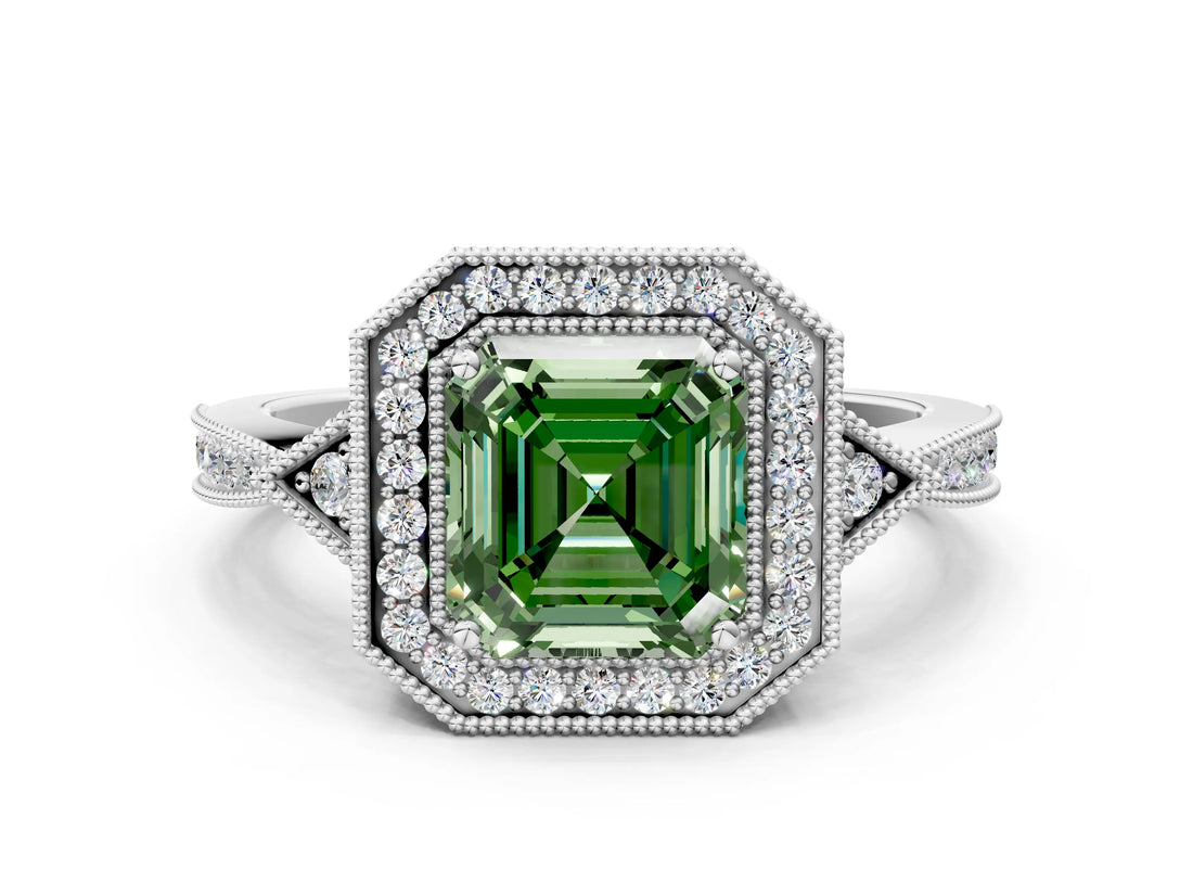 White gold Fancy Green Asscher  Halo Round Diamond Milgrain Pave Engagement Ring_3