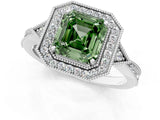 White gold Fancy Green Asscher  Halo Round Diamond Milgrain Pave Engagement Ring_4
