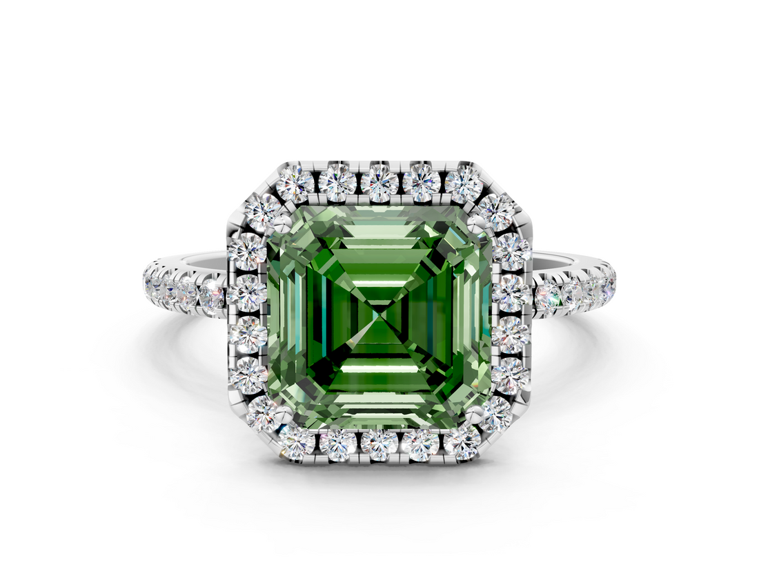 White gold Fancy Green Asscher  Halo Round Diamond Pavé Band Four-Prong Ring_3