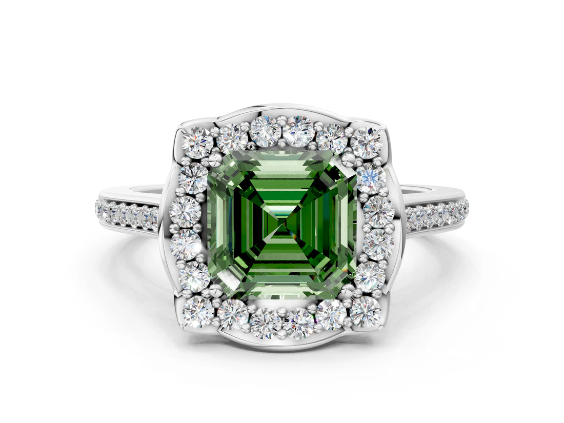 White gold Fancy Green Asscher  Halo Round Diamond Pave Band with Four-Prong Setting_81