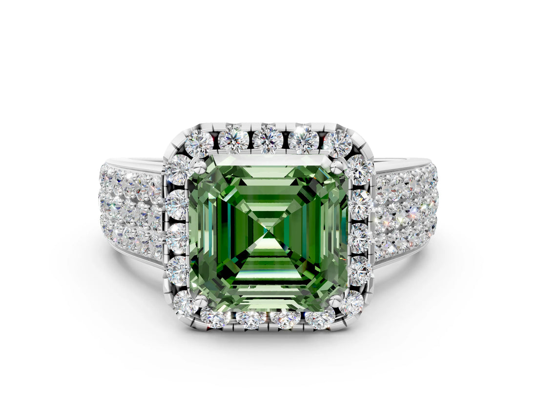 White gold Fancy Green Asscher  Halo Round Diamond Pave Band with Prong Setting_24