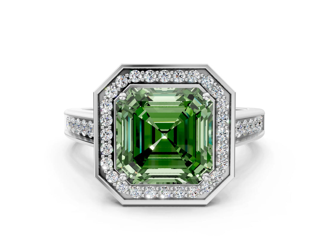 White gold Fancy Green Asscher  Halo Solitaire Diamond Ring with Pave Band and Bezel Setting_45
