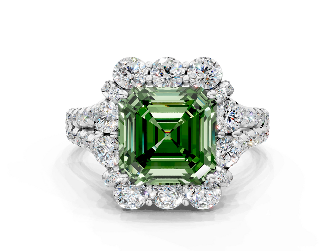 White gold Fancy Green Asscher  Halo Split Shank Diamond Engagement Ring with Pave Band and Four-Prong Setting_17