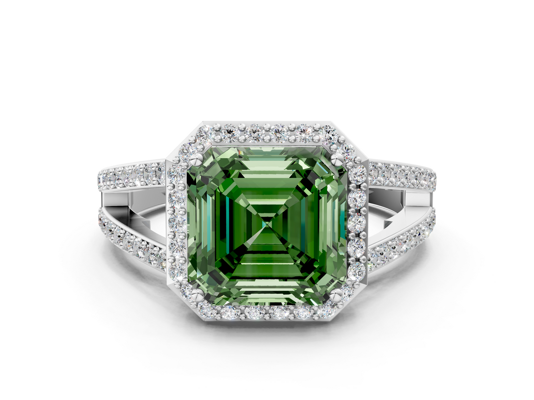 White gold Fancy Green Asscher  Halo Split Shank Diamond Ring with Four-Prong Setting_18