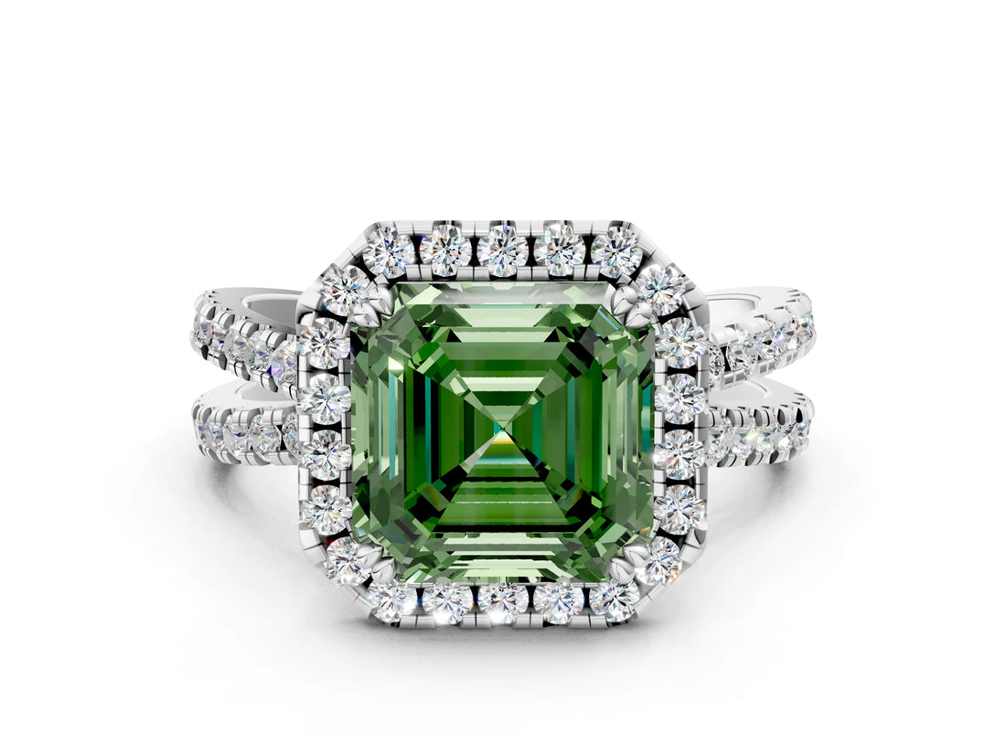 White gold Fancy Green Asscher  Halo Split Shank Diamond Ring with Pavé Setting_55