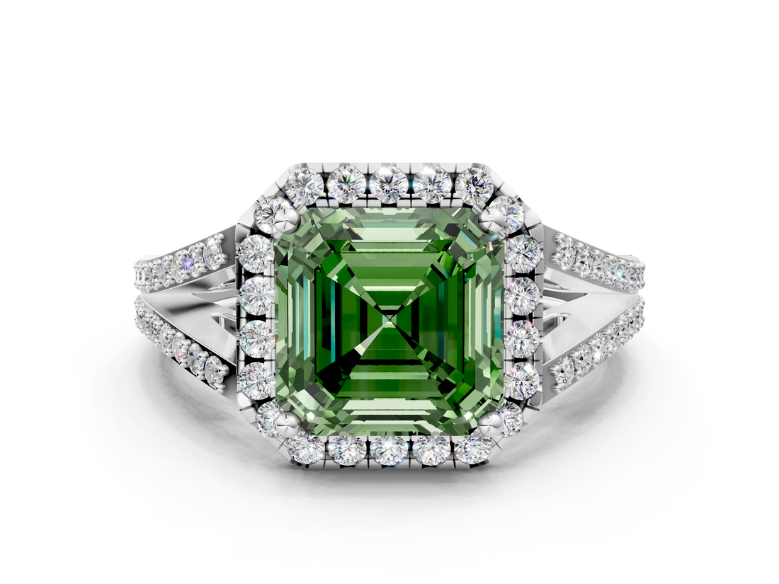 White gold Fancy Green Asscher  Halo Split Shank Diamond Ring with Prong Setting