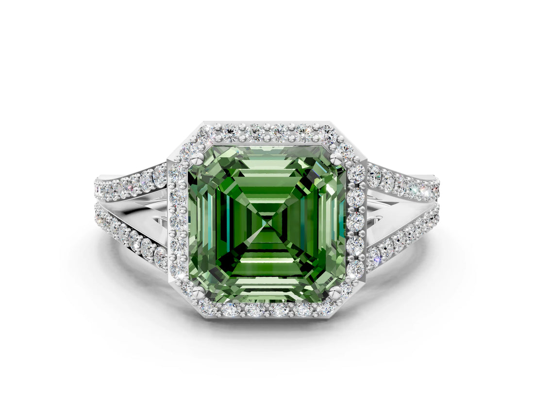 White gold Fancy Green Asscher  Halo Split Shank Pave Diamond Ring with Four-Prong Setting_45