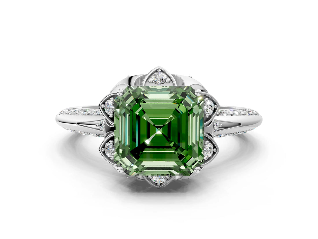 White gold Fancy Green Asscher  Halo Split Shank Pave Diamond Ring with Petal Prong Setting_31