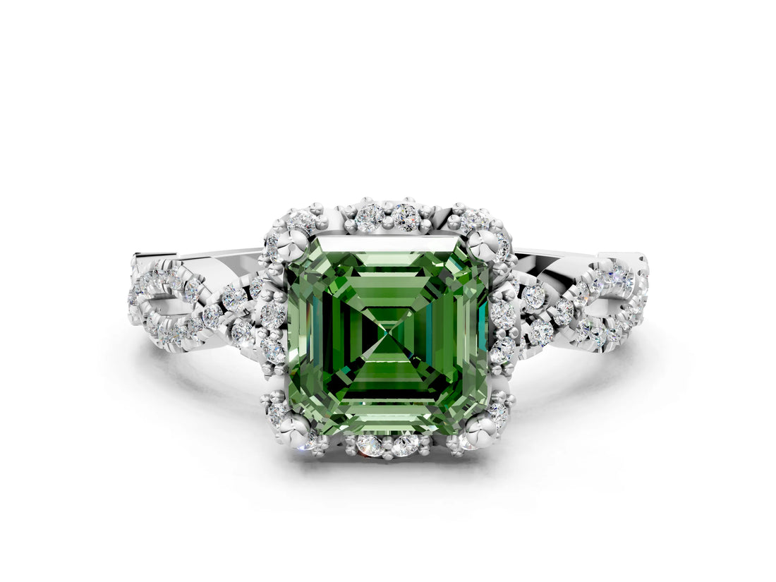 White gold Fancy Green Asscher  Halo Twist Band Solitaire Ring with Six-Prong Setting_37