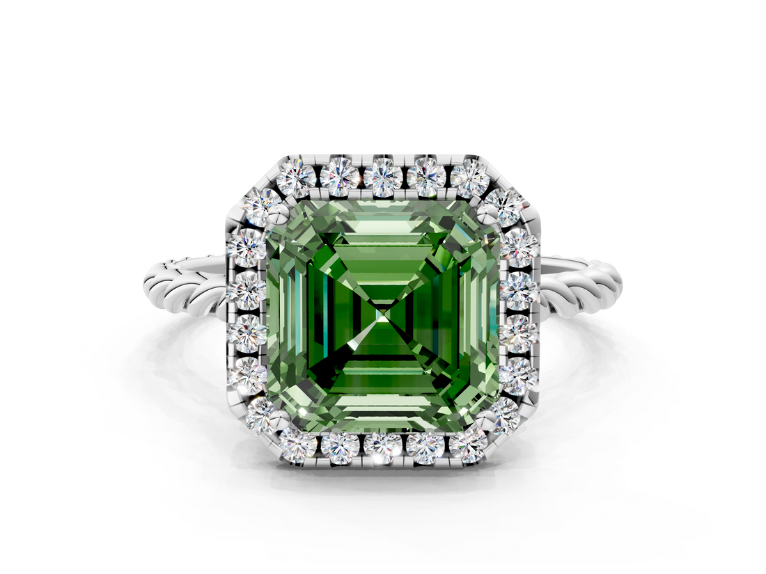 White gold Fancy Green Asscher  Halo Twisted Band Four-Prong Diamond Ring