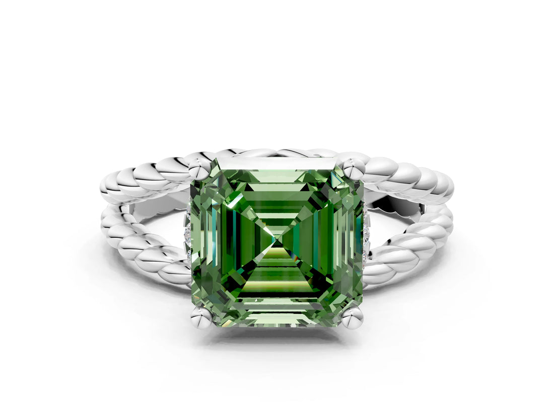 White gold Fancy Green Asscher  Halo Twisted Band Four-Prong Ring_69