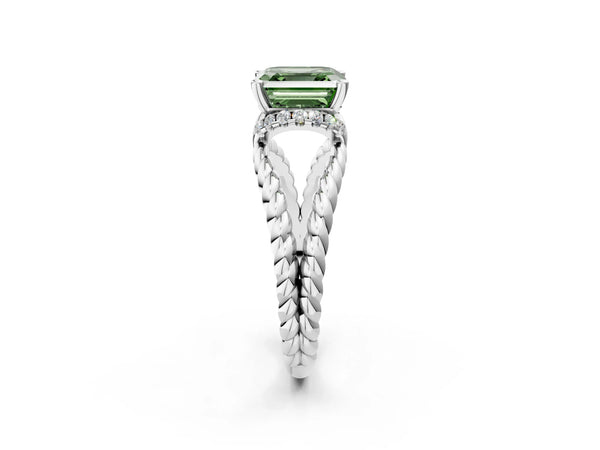Platinum Asscher Cut Engagement Ring Setting for Fancy Green Center with Rope Split Shank