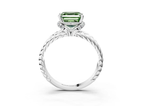 Platinum Asscher Cut Engagement Ring Setting for Fancy Green Center with Rope Split Shank