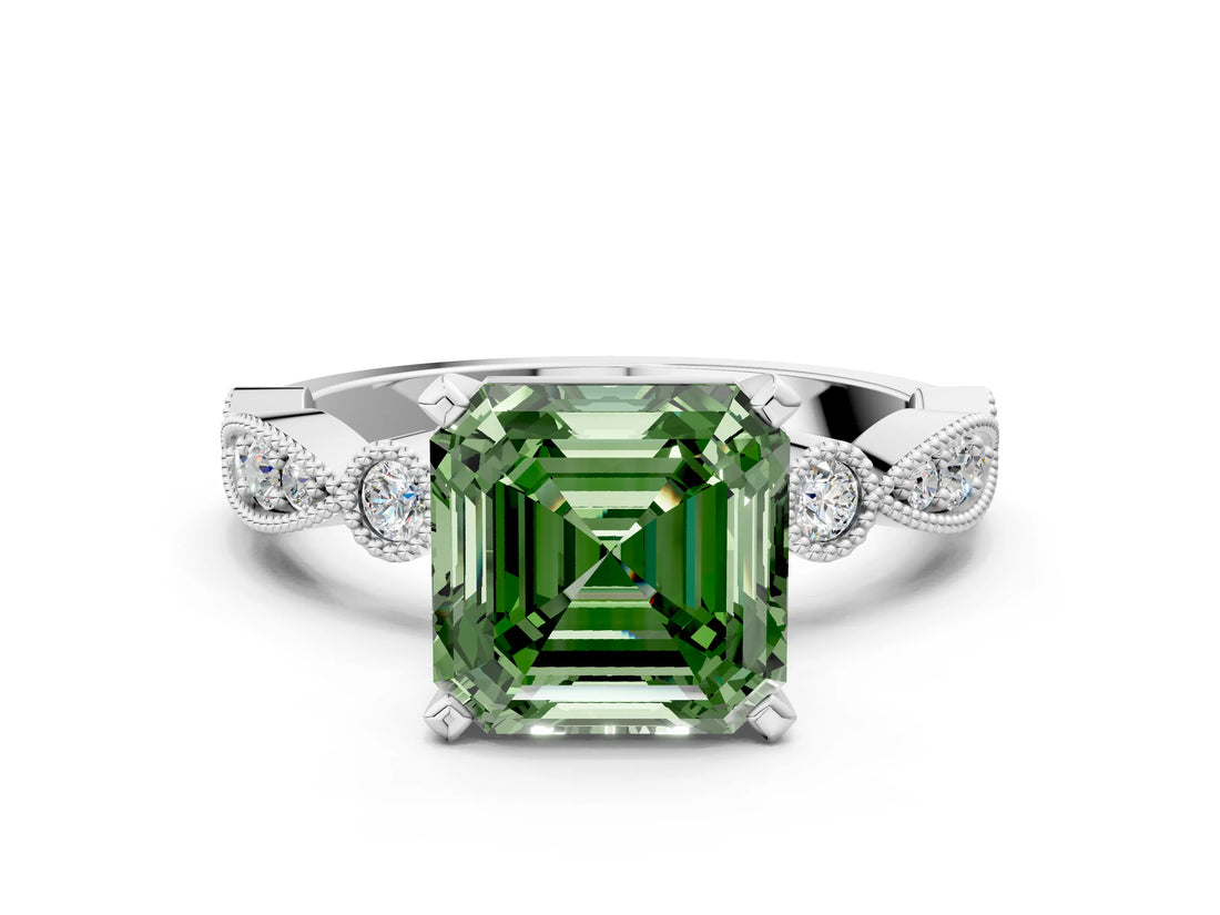 White gold Fancy Green Asscher  Milgrain Bezel Diamond Engagement Ring with Solitaire Prong Setting_29