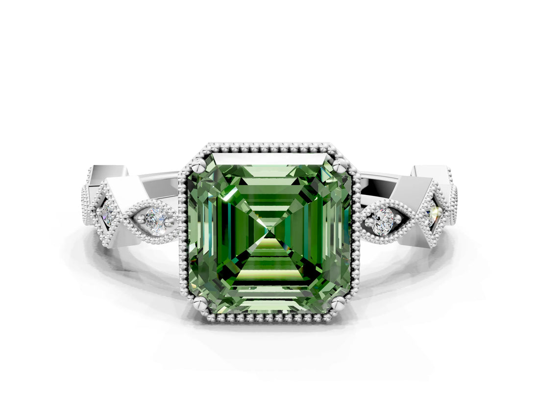 White gold Fancy Green Asscher  Milgrain Marquise Diamond Twist Band Ring_57