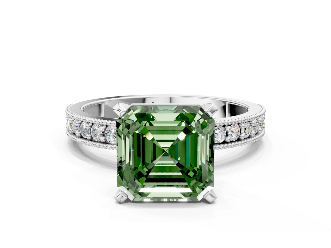 White gold Fancy Green Asscher  Milgrain Pave Diamond Engagement Ring with Four-Prong Setting
