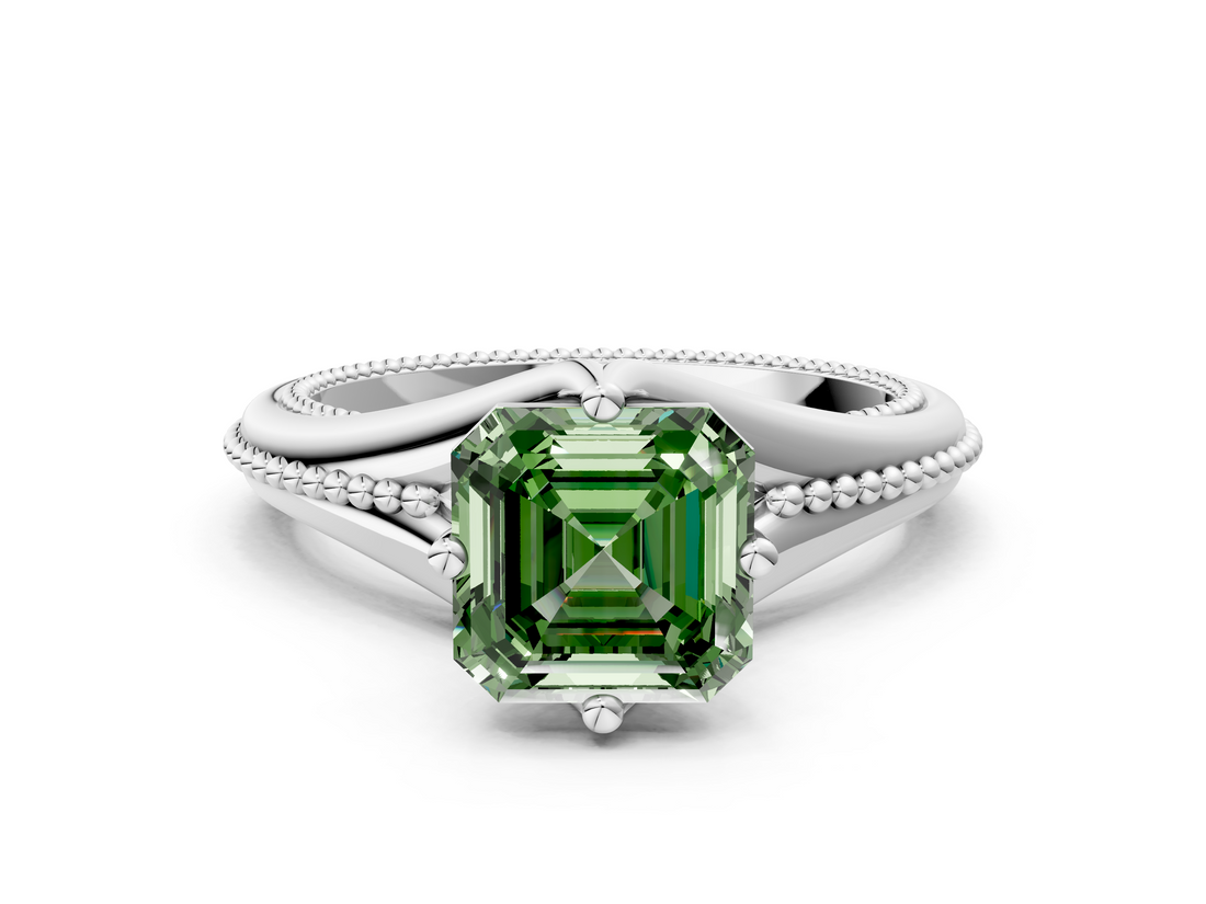 White gold Fancy Green Asscher  Solitaire Beaded Band Six-Prong Setting