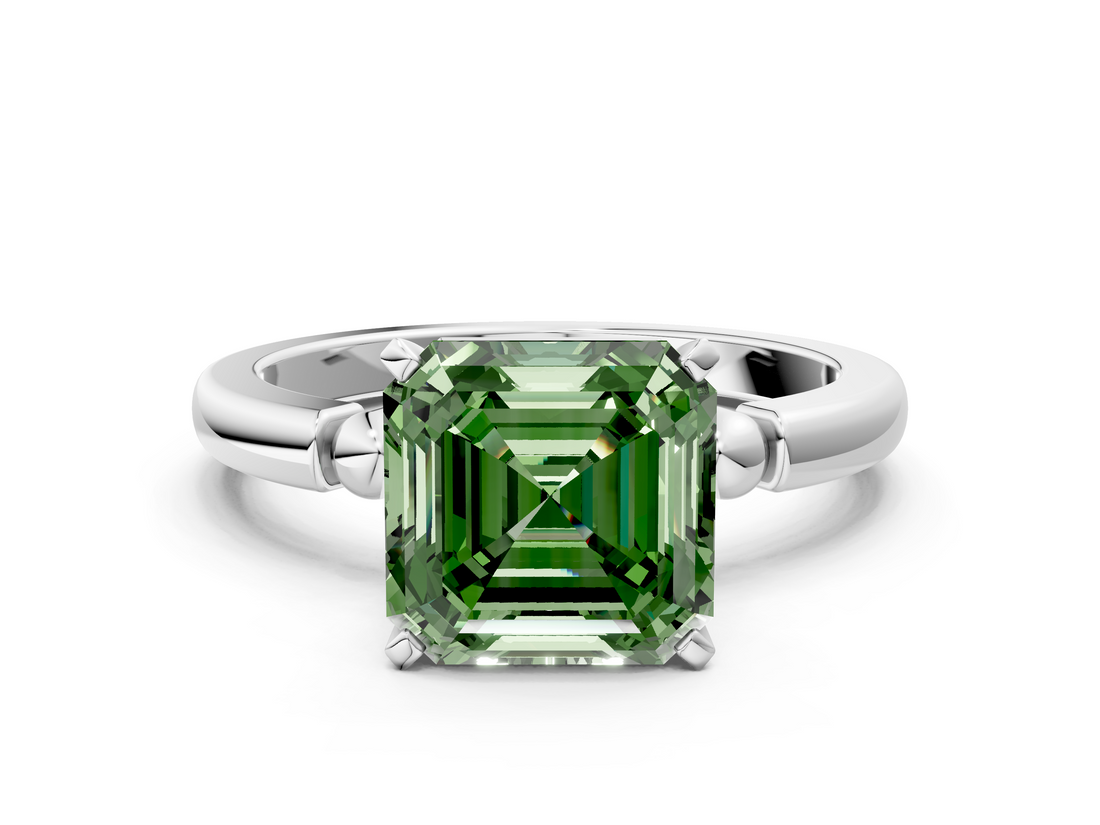 White gold Fancy Green Asscher  Solitaire Beaded Band with Four-Prong Setting