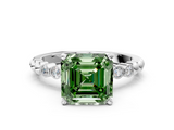 White gold Fancy Green Asscher  Solitaire Bezel Accent Diamond Engagement Ring with Beaded Band and Four-Prong Setting