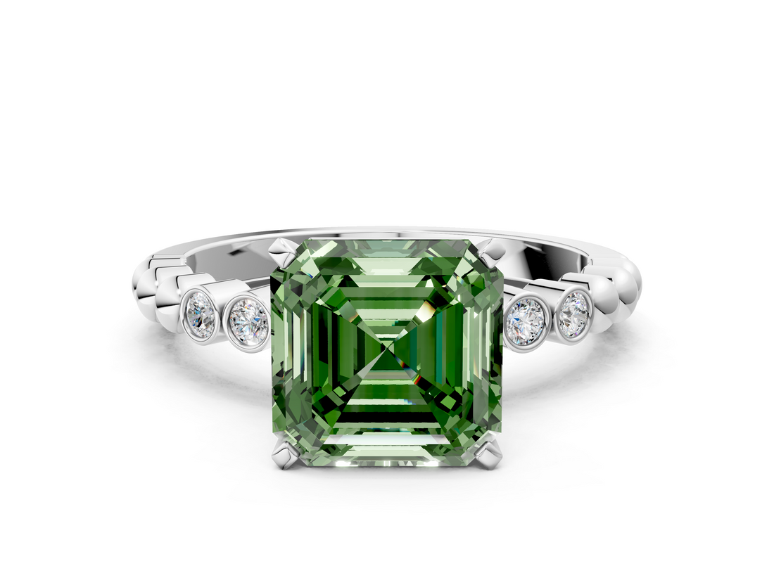 White gold Fancy Green Asscher  Solitaire Bezel Accent Diamond Engagement Ring with Beaded Band and Four-Prong Setting