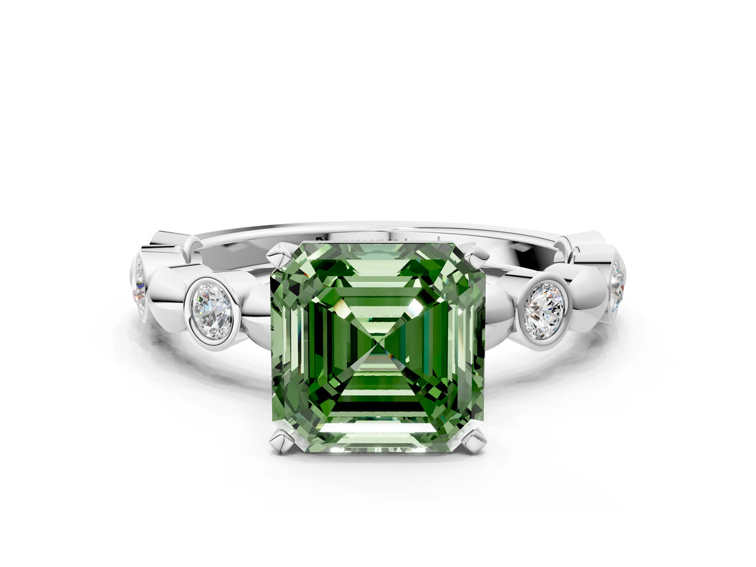 White gold Fancy Green Asscher  Solitaire Bezel-Set Diamond Ring with Beaded Band and Four-Prong Setting_29