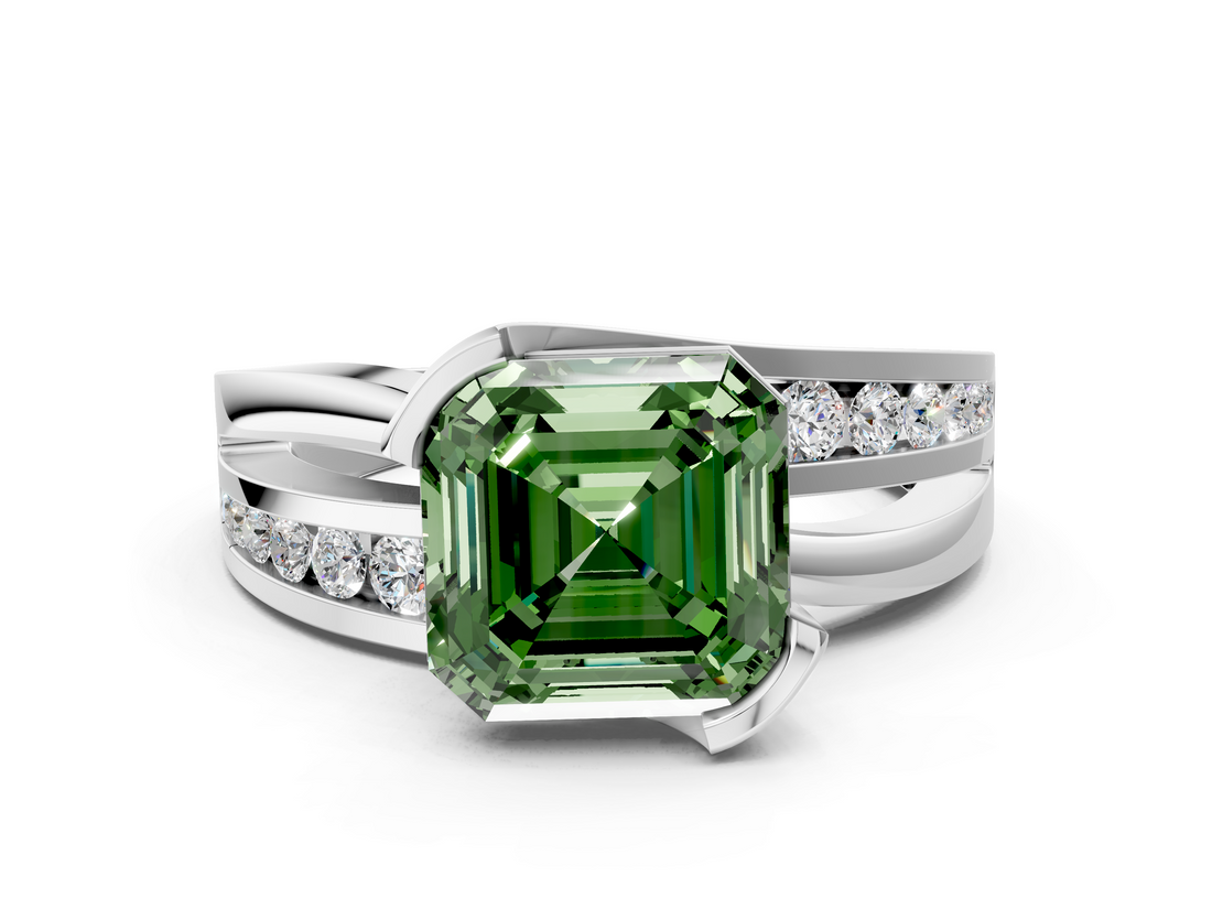 White gold Fancy Green Asscher  Solitaire Channel-Set Split Shank Ring with Tension Prong Setting_3