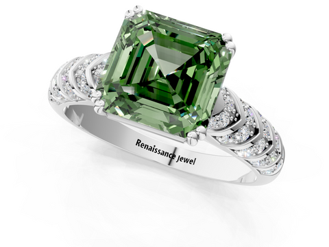 White gold Fancy Green Asscher  Solitaire Chevron Pave Diamond Engagement Ring with Six-Prong Setting_1