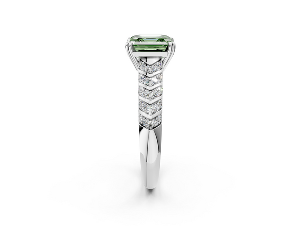 White Gold Asscher Cut Chevron Pave Solitaire Engagement Ring Setting for Fancy Green Center