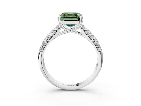 Platinum Asscher Cut Chevron Pave Solitaire Engagement Ring Setting for Fancy Green Center