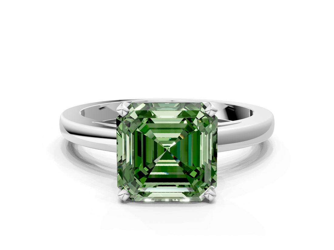 White gold Fancy Green Asscher  Solitaire Diamond Engagement Ring with Four-Prong Setting on a Classic Band_19