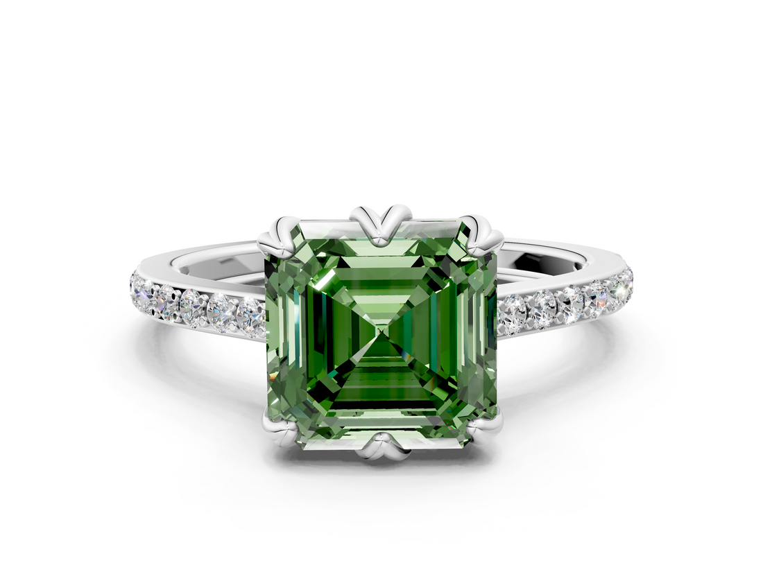 White gold Fancy Green Asscher  Solitaire Diamond Engagement Ring with Pave Band and Six-Prong Setting