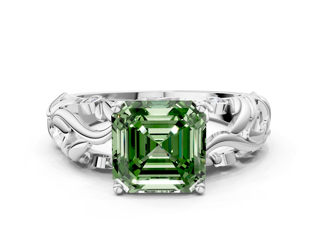 White gold Fancy Green Asscher  Solitaire Diamond Leaf Vine Band with Prong Setting_17
