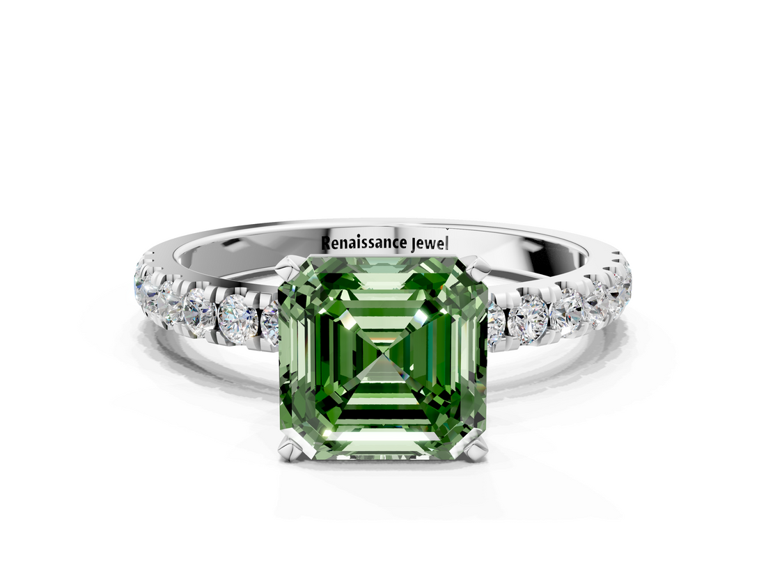 White gold Fancy Green Asscher  Solitaire Diamond Pavé Band with Four-Prong Setting