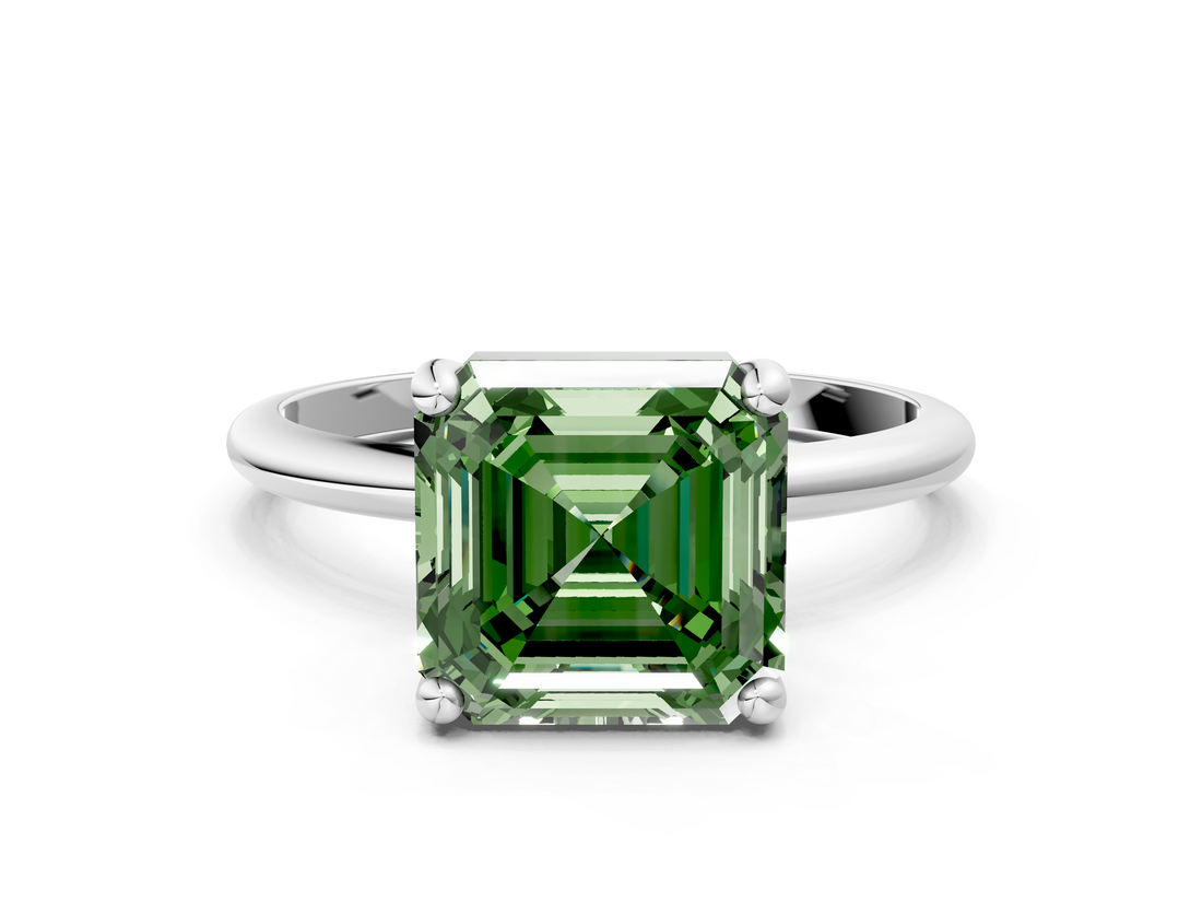 White gold Fancy Green Asscher  Solitaire Diamond Ring with 4-Prong Setting on a Classic Band_3