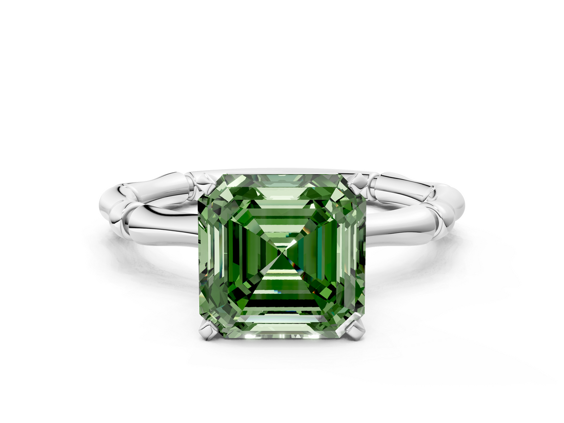 White gold Fancy Green Asscher  Solitaire Diamond Ring with Bamboo Band and Four-Prong Setting_17