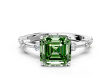 White gold Fancy Green Asscher  Solitaire Diamond Ring with Bezel Set Side Stones and Prong Setting