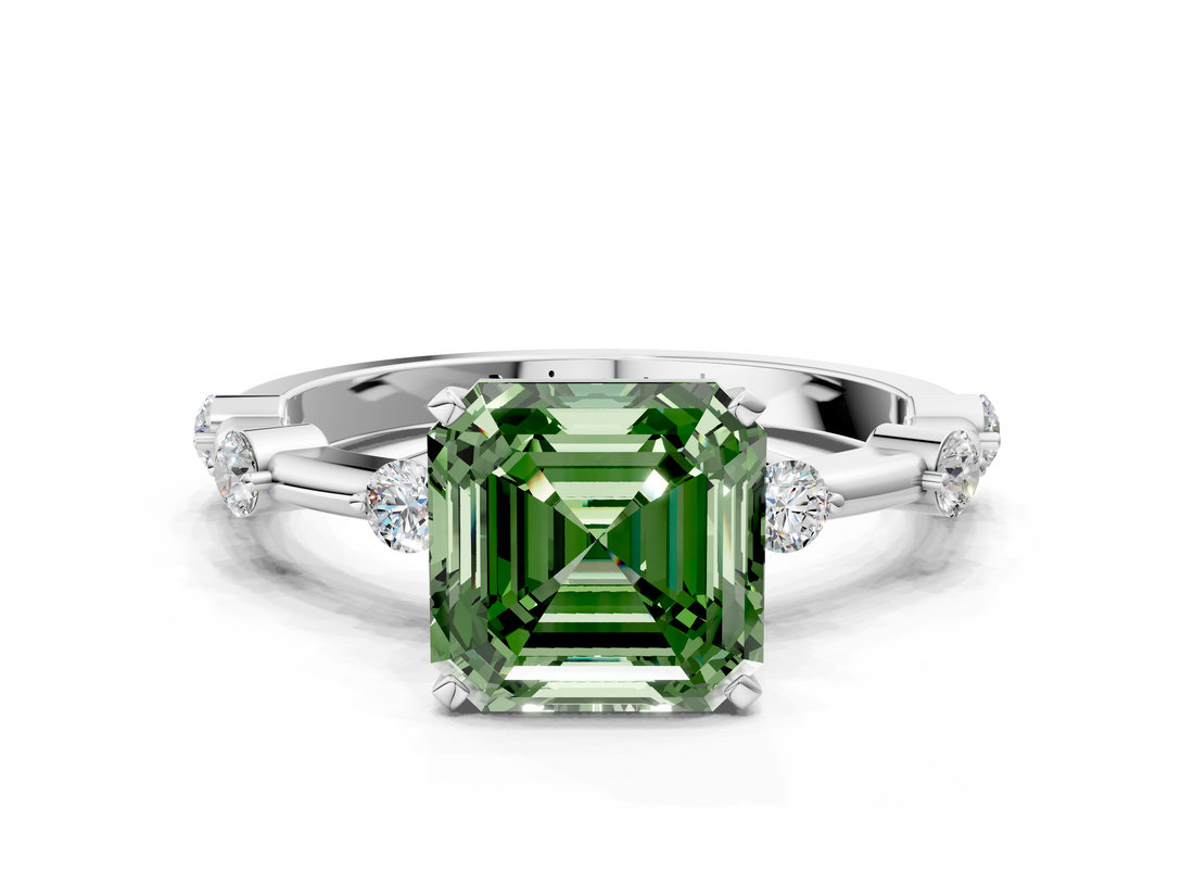 White gold Fancy Green Asscher  Solitaire Diamond Ring with Bezel Set Side Stones and Prong Setting