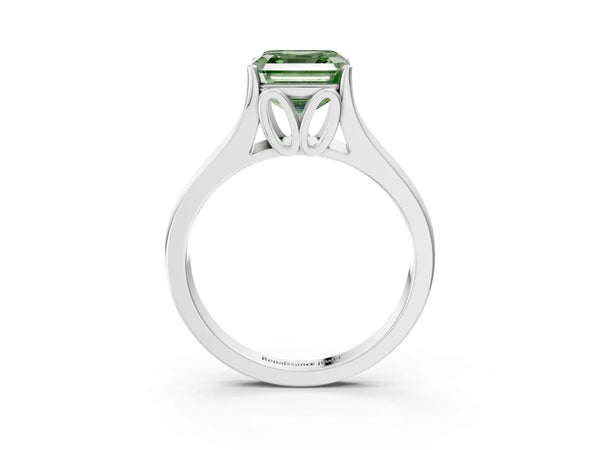 White Gold Asscher Cut Cathedral Solitaire Engagement Ring Setting for Fancy Green Center with Split Shoulders