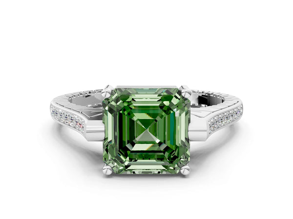 Platinum Asscher Cut Vintage Cathedral Engagement Ring Setting for Fancy Green Center