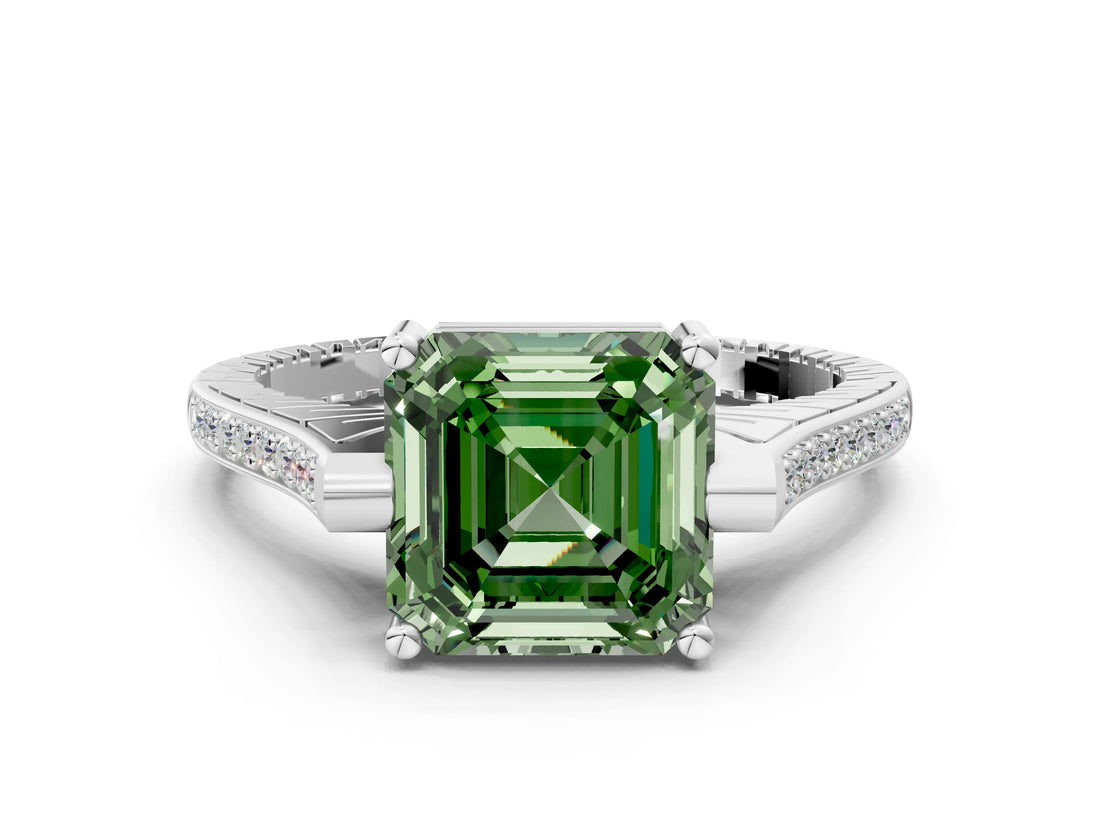 White gold Fancy Green Asscher  Solitaire Diamond Ring with Channel Set Band and Bezel Prong Setting_56