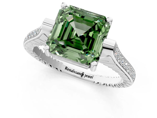 Platinum Asscher Cut Vintage Cathedral Engagement Ring Setting for Fancy Green Center