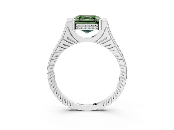 White Gold Asscher Cut Vintage Cathedral Engagement Ring Setting for Fancy Green Center