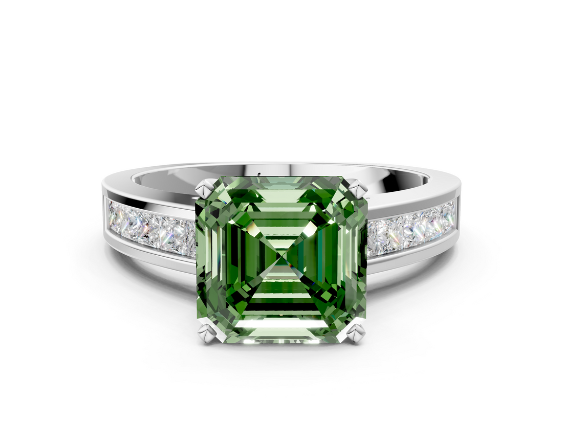 White gold Fancy Green Asscher  Solitaire Diamond Ring with Channel-Set Band and Four-Prong Setting_20