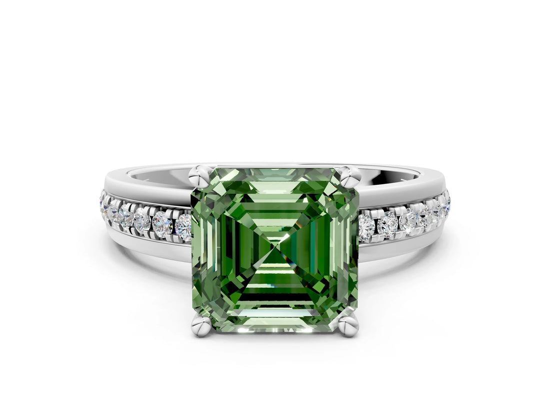 White gold Fancy Green Asscher  Solitaire Diamond Ring with Channel Set Band and Six-Prong Setting_46